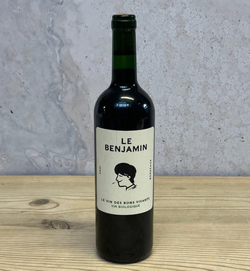 A bottle of Le Benjamin Bordeaux red wine