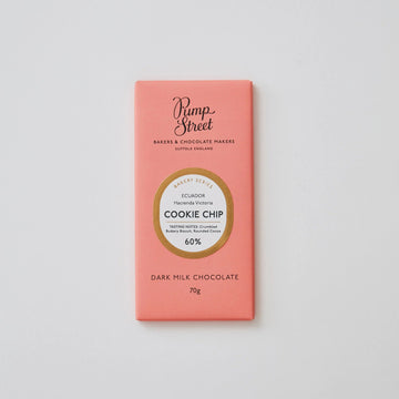 The front of a packet of Pump Street Chocolate Cookie Chip Dark Milk chocolate. 