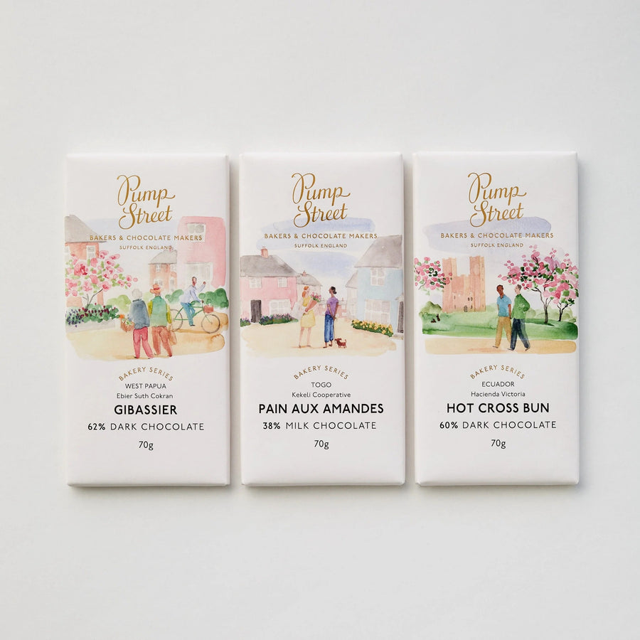 Three bars of different flavours of Pump Street Chocolate.